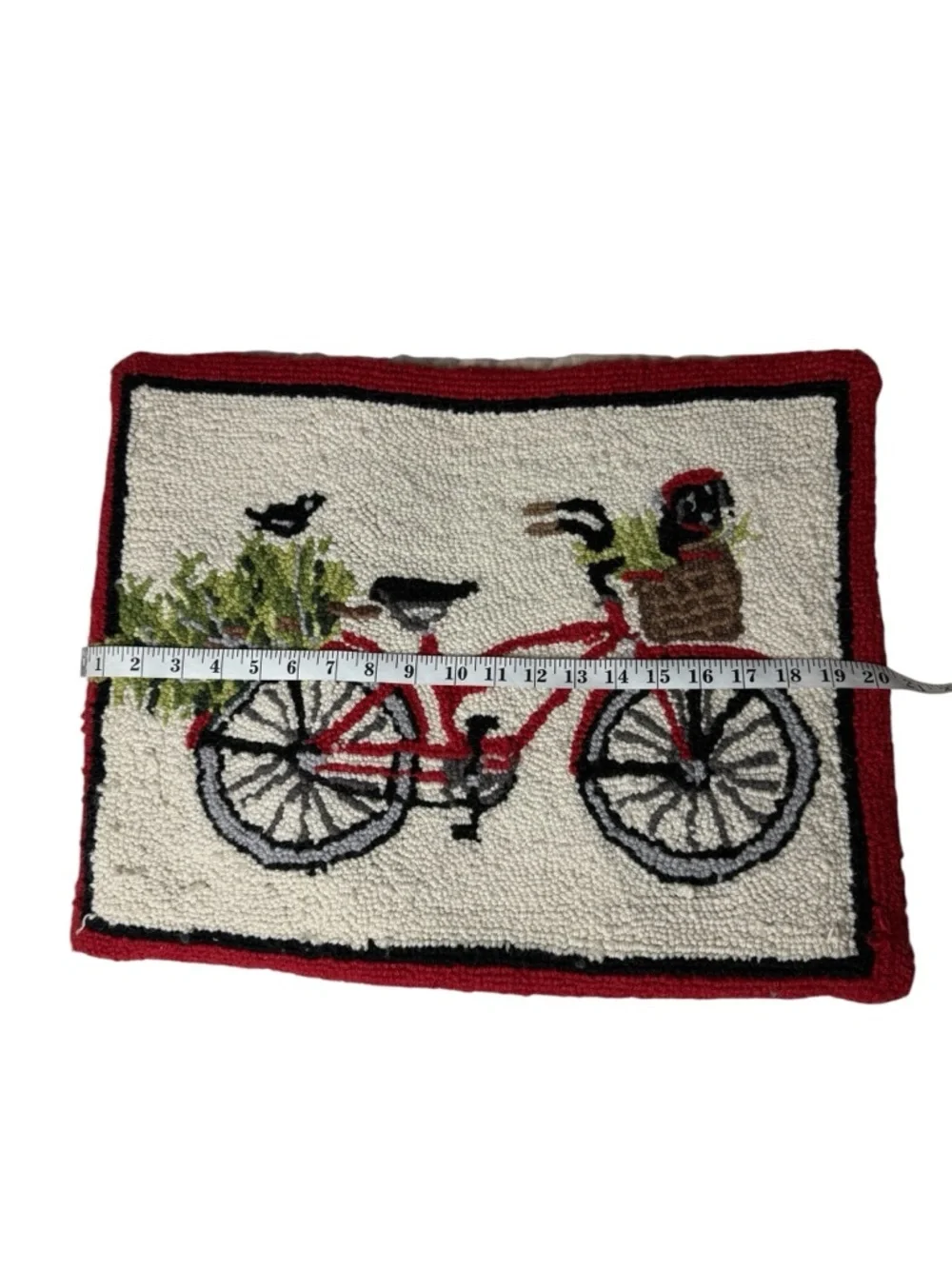 Red Bicycle Hooked Accent Pillow Cover with Cream Background